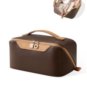 EACHY Travel Makeup Bag,Large Capacity Cosmetic Bags for Women,Waterproof Portable Pouch Open Flat Toiletry Bag Patchwork Makeup Bag (DK-Brown)