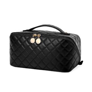 EACHY Travel Makeup Bag, Large Capacity Cosmetic Bags for Women, Waterproof Portable Open Flat Toiletry Bag Make up Bag with Divider and Handle, Gifts for Women (F-Black, Medium)