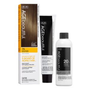 AGE beautiful Permanent Hair Color Dye Liqui Creme & Developer 20 Volume | 100% Gray Coverage | Anti-Aging | Biotin for Thicker, Fuller, Healthier Hair | 7N Dark Blonde