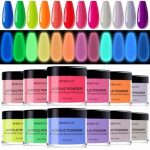 Morovan Nail Acrylic Powder Set – 12 Colors Acrylic Nail Powders Glow in the Dark Acrylic Nail Powder Luminous Colors Professional Polymer Powder for Acrylic Nail Extension Carving
