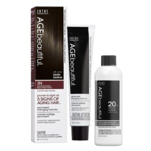 AGE beautiful Permanent Hair Color Dye Liqui Creme & Developer 20 Volume | 100% Gray Coverage | Anti-Aging | Biotin for Thicker, Fuller, Healthier Hair | 3N Darkest Brown