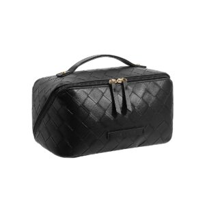 EACHY Travel Makeup Bag, Large Capacity Cosmetic Bags for Women, Waterproof Portable Open Flat Toiletry Bag Make up Bag with Divider and Handle (Checkered-Black, Medium)