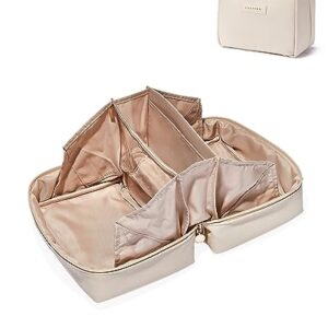 EACHY Travel Makeup Bag, Large Capacity Cosmetic Bags for Women, Portable Pouch Open Flat Make up Organizer with TPU Waterproof Makeup Brush Bag (A-White)