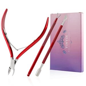 Cuticle Trimmer with Cuticle Pusher and Cutter-YINYIN Cuticle Nipper Professional Stainless Steel Cuticle Clippers Durable Pedicure Manicure Tools for Fingernails and Toenails(Red)