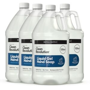 Clean Revolution Liquid Gel Hand Soap, Silky Rich Liquid, Quick Lather, Fast Rinsing, (Fragrance Free) 128 Fl Oz, 4 Pack – Made in USA