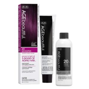 AGE beautiful Permanent Hair Color Dye Liqui Creme & Developer 20 Volume | 100% Gray Coverage | Anti-Aging | Biotin for Thicker, Fuller, Healthier Hair | 4V Dark Plum Brown