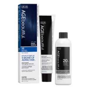 AGE beautiful Permanent Hair Color Dye Liqui Creme & Developer 20 Volume | 100% Gray Coverage | Anti-Aging | Biotin for Thicker, Fuller, Healthier Hair | 4B Dark Blue