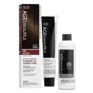 AGE beautiful Permanent Hair Color Dye Liqui Creme & Developer 20 Volume | 100% Gray Coverage | Anti-Aging | Biotin for Thicker, Fuller, Healthier Hair | 4N Dark Brown