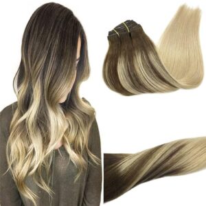 GOO GOO Clip in Hair Extensions Ombre Chocolate Brown to Dirty Blonde 14 Inch 120g 7pcs Remy Human Hair Extensions Clip in Thick Straight Real Natural Hair Extensions