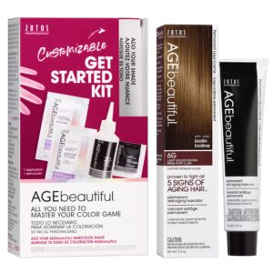 AGE beautiful Permanent Hair Color Dye Liqui Creme & Developer Starter Kit | 100% Gray Coverage | Anti-Aging | Biotin for Thicker, Fuller, Healthier Hair | 6G Light Golden Brown