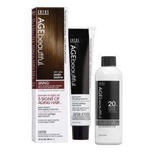 AGE beautiful Permanent Hair Color Dye Liqui Creme & Developer 20 Volume | 100% Gray Coverage | Anti-Aging | Biotin for Thicker, Fuller, Healthier Hair | 6NNG Light Intense Golden Brown