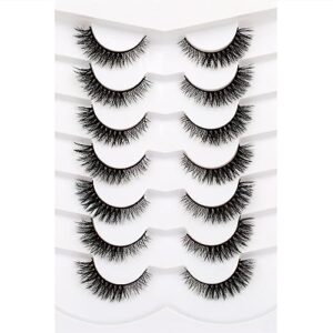 Pooplunch False Eyelashes Cat Eye Look Natural Extension Volume Short Wispy Crossed 8D Fluffy Faux Mink Lashes Wispies Fake Eyelashes 7 Pairs Pack
