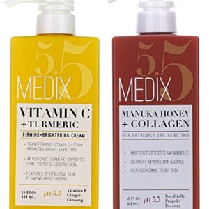 Medix 5.5 Vitamin C Cream and Manuka Honey Cream Set. Medix Vitamin C Cream w/Turmeric Fights Sun Damaged Skin and Crepey Skin. Manuka Honey Lotion w/Collagen Restores Dry Skin. Two 15 Fl Oz