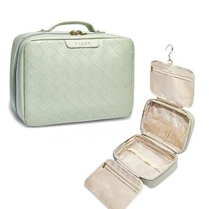 EACHY Toiletry Bag with Hanging Hook, Travel Makeup Bag PU Leather Cosmetic Bags for Women Make Up Organizer with 4 Compartments Waterproof Full-Size Portable Travel Essentials (Plait-Green)…