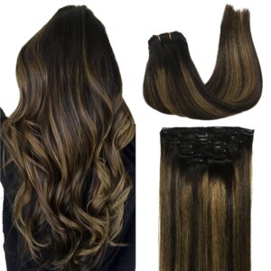 GOO GOO Clip in Hair Extensions Real Human Hair, Remy Human Hair Extensions Clip ins for Women, Natural Human Hair, 22inch 120g 7Pcs, 1B/6/1B Balayage Natural Black to Chestnut Brown