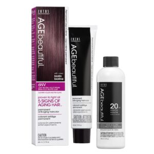 AGE beautiful Permanent Hair Color Dye Liqui Creme & Developer 20 Volume | 100% Gray Coverage | Anti-Aging | Biotin for Thicker, Fuller, Healthier Hair | 6NV Light Neutral Violet Brown