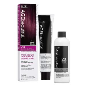 AGE beautiful Permanent Hair Color Dye Liqui Creme & Developer 20 Volume | 100% Gray Coverage | Anti-Aging | Biotin for Thicker, Fuller, Healthier Hair | 4VR Dark Plum Red Brown