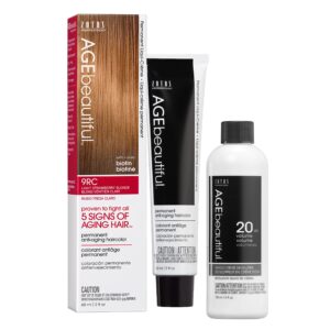 AGE beautiful Permanent Hair Color Dye Liqui Creme & Developer 20 Volume | 100% Gray Coverage | Anti-Aging | Biotin for Thicker, Fuller, Healthier Hair | 9RC Light Strawberry Blonde