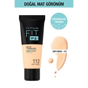 Maybelline Fit Me Foundation, Medium Coverage, Blendable With a Matte and Poreless Finish, For Normal to Oily Skin, Shade: 112 Soft Beige, 30ml