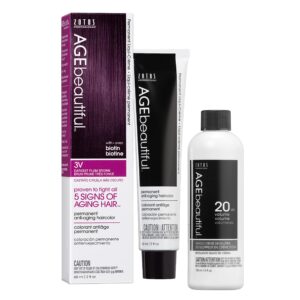 AGE beautiful Permanent Hair Color Dye Liqui Creme & Developer 20 Volume | 100% Gray Coverage | Anti-Aging | Biotin for Thicker, Fuller, Healthier Hair | 3V Darkest Plum Brown