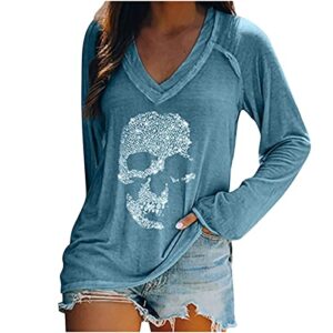 Women Summer Tops Fashion Skeleton Print Long Sleeve Tunic Top Casual V Neck Solid Graphic Pullover Blouse Blue