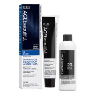 AGE beautiful Permanent Hair Color Dye Liqui Creme & Developer 20 Volume | 100% Gray Coverage | Anti-Aging | Biotin for Thicker, Fuller, Healthier Hair | 1B Blue Black