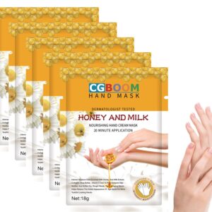CGBOOM 5 Pairs Hands Moisturizing Gloves> Hand Skin Repair Renew Mask Infused Collagen> Vitamins + Natural Plant Extracts for Dry> Aging> Cracked Hands (5 Pairs Hand mask) (Honey and Milk)