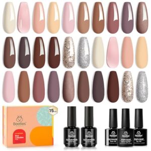Beetles Gel Nail Polish Set-16 PCS 15ml Pink Nude Neutral Gel Polish Brown Glitter Uv Gel Nail Set Soak Off Nail Polish Daily Nail Design with Glossy Matte Base Top Coat Gifts for Wonen Girls