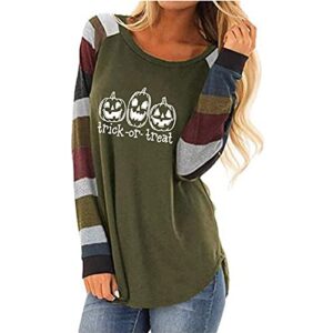 Women’s Long Sleeve Halloween T Shirt Casual O Neck Loose Shirts Pumpkin Face Printed Raglan Blouse Top Army Green