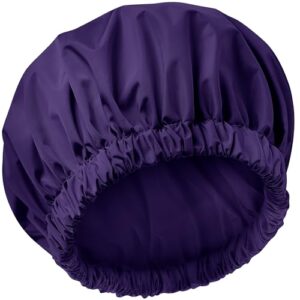 Reusable Shower Cap for Women, Large Waterproof Shower Bonnet Washable Elastic Band Bath Hair Hat for Long Hair, Braids(Dark Purple)