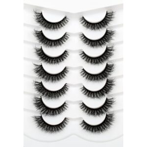 Pooplunch False Eyelashes Cat Eye Wispy Lashes Fluffy Short Natural Crossed Fake Eyelashes Faux Mink Lashes 7 Pairs Pack, Black
