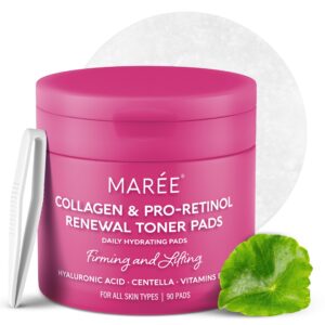 MAREE Collagen Toner Pads – Toner Pad with Retinol – Minimizing Wrinkle Zero Pore Pads – Hydrating Toning Collagen Ampoule Pad with Retinol & Centella – Anti Aging Brightening Wipes
