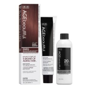 AGE beautiful Permanent Hair Color Dye Liqui Creme & Developer 20 Volume | 100% Gray Coverage | Anti-Aging | Biotin for Thicker, Fuller, Healthier Hair | 5NRG Medium Neutral Red Golden Brown