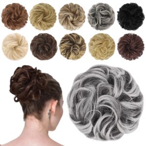 FESHFEN Messy Bun Hair Piece – Elastic Wavy Curly Hair Bun Scrunchies Extensions Synthetic Chignon Hairpieces for Women Girls, Black with White Tips 1 PCS