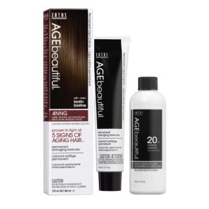 AGE beautiful Permanent Hair Color Dye Liqui Creme & Developer 20 Volume | 100% Gray Coverage | Anti-Aging | Biotin for Thicker, Fuller, Healthier Hair | 4NNG Dark Intense Golden Brown