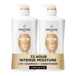 Pantene 2-in-1 Shampoo & Conditioner, Daily Moisture Renewal – Pro-V Nutrients for Dry, Color-Treated, Straight to Curly Hair, 72-Hour Hydration & Softness, 27.7 Oz Each, 2-Pack + Rescue Shot (0.5 Oz)
