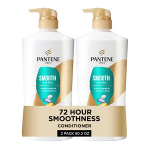 Pantene Conditioner, Smooth and Sleek – Frizz Control with Antioxidants, Nourishing for All Hair Types – Curly, Dry, Color-Treated, 25.1 Oz Each, 2-Pack + Miracle Rescue Shot (0.5 Oz)