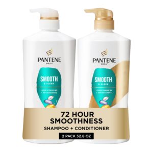 Pantene Shampoo & Conditioner Set, Smooth and Sleek – Frizz Control with Antioxidants, Nourishing for All Hair Types – Curly, Dry, Color-Treated, 52.8 Oz Total + Miracle Rescue Shot (0.5 Oz)