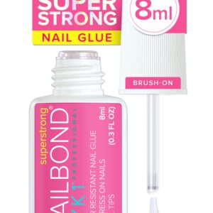 Super Strong Nail Glue for Press On Nails, Nail Tips & Acrylic Nails (8ml) NYK1 NailBond Brush On Glue for Press Ons, Tips & Acrylics – Long Lasting, Maximum Strength, Mess-Free Application