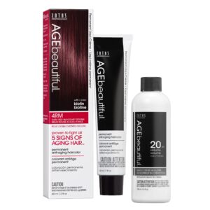 AGE beautiful Permanent Hair Color Dye Liqui Creme & Developer 20 Volume | 100% Gray Coverage | Anti-Aging | Biotin for Thicker, Fuller, Healthier Hair | 4RM Dark Red Mahogany Brown