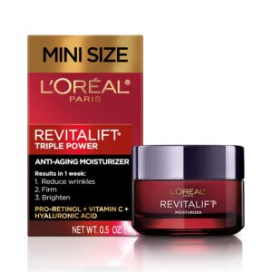 L’Oreal Paris Revitalift Triple Power Anti-Aging Face Moisturizer Travel Size, Pro Retinol, Hyaluronic Acid & Vitamin C, Reduce Wrinkles, Trial 0.5 Oz