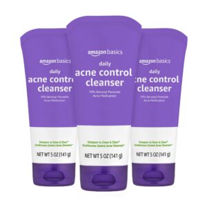 Amazon Basics Acne Cleanser Face Wash – Daily Control, Maximum Strength 10% Benzoyl Peroxide, 5 Ounce (Pack of 3)