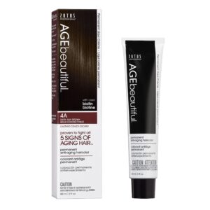 AGE beautiful Permanent Hair Color Dye Liqui Creme | 100% Gray Coverage | Anti-Aging Haircolor | Biotin for Thicker, Fuller Hair | Professional Salon Coloring | 4A Dark Ash Brown