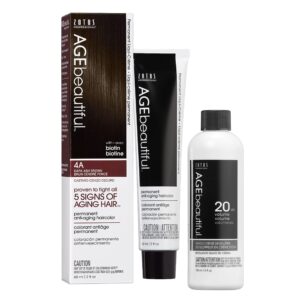 AGE beautiful Permanent Hair Color Dye Liqui Creme & Developer 20 Volume | 100% Gray Coverage | Anti-Aging | Biotin for Thicker, Fuller, Healthier Hair | 4A Dark Ash Brown