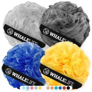 Loofah Sponge Bath Sponge for Women Men 4 Pack (Blue Yellow Gray Black)