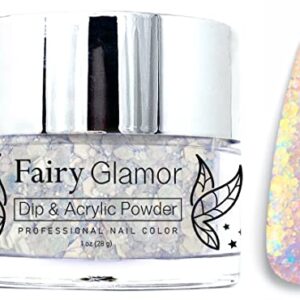 FAIRY GLAMOR Iridescent White Glitter Dip & Acrylic Nail Powder – Snow Angel – 1 oz