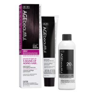 AGE beautiful Permanent Hair Color Dye Liqui Creme & Developer 20 Volume | 100% Gray Coverage | Anti-Aging | Biotin for Thicker, Fuller, Healthier Hair | 3NV Darkest Neutral Violet Brown