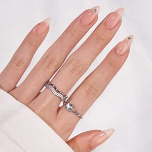 Press On Nails Medium – BTArtbox Almond Fake Nails with Nail Glue, Fit Perfectly & Natural Reusable Semi-Transparent Rhinestone Stick On Nails in 15 Sizes – 30 Soft Gel Glue On Nails Kit, Fair Maiden