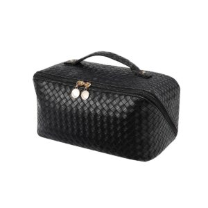 EACHY Travel Makeup Bag, Large Capacity Cosmetic Bags for Women, Waterproof Portable Open Flat Toiletry Bag Make up Bag with Divider and Handle (LB-Black, Large)