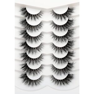 Pooplunch False Eyelashes Wispy Crossed Cat Eye Look 16MM Fluffy Volume Faux Mink Lashes Fake Eyelashes Strips 7 Pairs Pack, Black